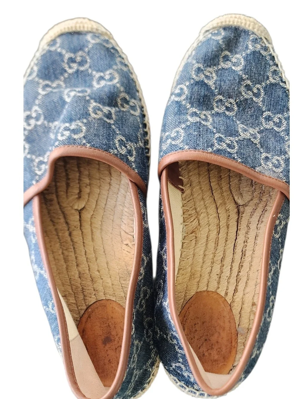 Gucci Blue Monogram Denim Espadrille Flats with Brown Trim